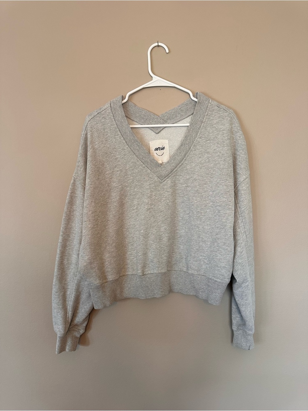 aerie Oversized Light Gray V-Neck Crew Sweatshirt